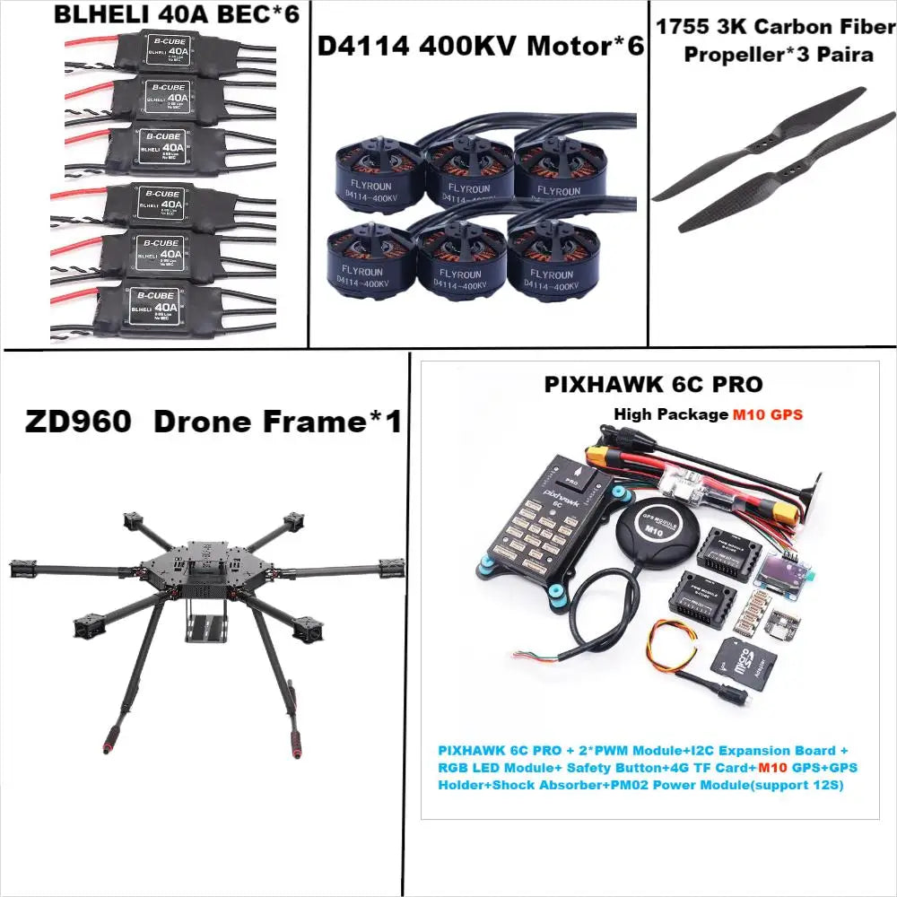 Rctosky ZD960 PIXHAWK 6C PRO M10 Full Carbon Fiber  Hexa-Rotor Frame BLHELI 40A ESC Flight Comtrol Rado Telemetry Set