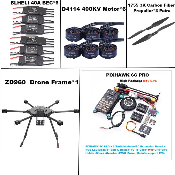 Rctosky ZD960 PIXHAWK 6C PRO M10 Full Carbon Fiber  Hexa-Rotor Frame BLHELI 40A ESC Flight Comtrol Rado Telemetry Set