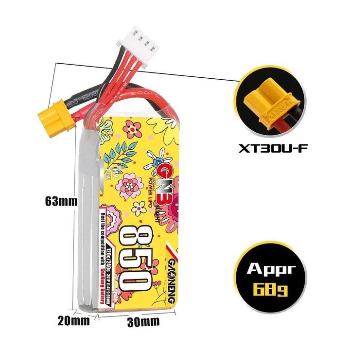 GNB GAONENG 850mAh 120C LiHV Battery — 2S 7.6V / 3S 11.4V / 4S 15.2V / 6S 22.8V, XT30 / XT60, FPV Drone