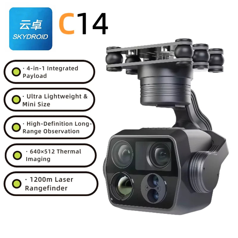 SKYDROID C14 4-in-1 Industrial Drone Gimbal — 2K 100x Zoom, 640×512 Thermal, 1200m Rangefinder, 3-Axis, 199g