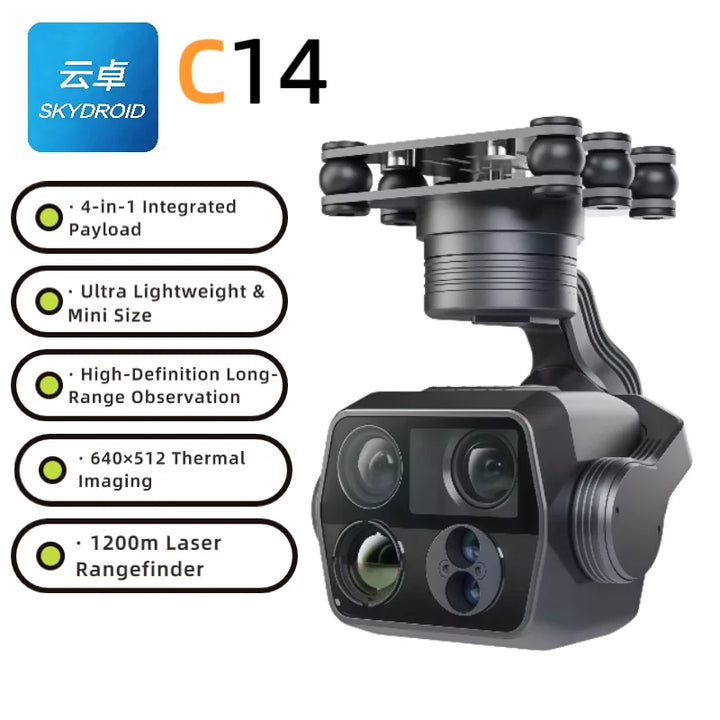 SKYDROID C14 4-in-1 Industrial Drone Gimbal — 2K 100x Zoom, 640×512 Thermal, 1200m Rangefinder, 3-Axis, 199g