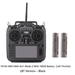 Black RadioMaster TX16S MKII MAX 4in1 Mode 2 LBT transmitter with two 18650 batteries, front view