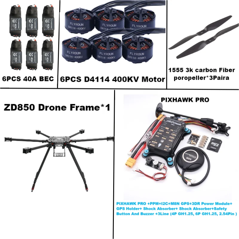 Rctosky ZD850 PRO M8N/M9N/M10 Full Carbon Fiber 850mm Hexa-Rotor Frame BLHELI 40A ESC PIXHAWK Flight Comtrol Rado Telemetry Set