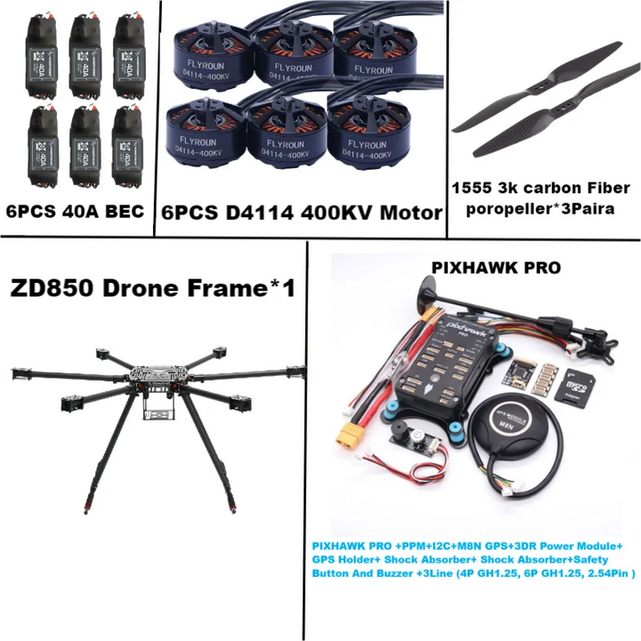 Rctosky ZD850 PRO M8N/M9N/M10 Full Carbon Fiber 850mm Hexa-Rotor Frame BLHELI 40A ESC PIXHAWK Flight Comtrol Rado Telemetry Set