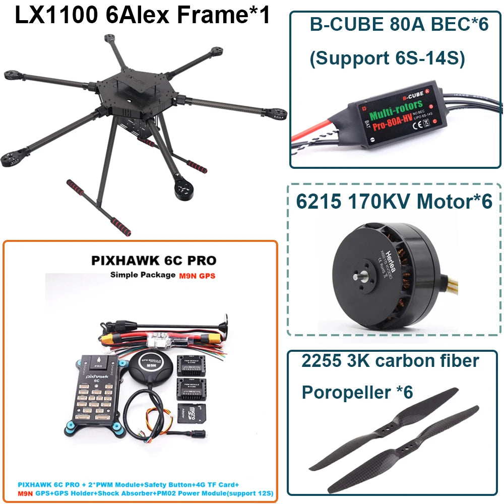 FPV LX1100 6C PRO M8N M9N M10 Full Carbon Fiber1100mm Hexa-Rotor Frame B-CUBE 80A ESC PX4 Pixhawk Flight Control Set 6215 Motor