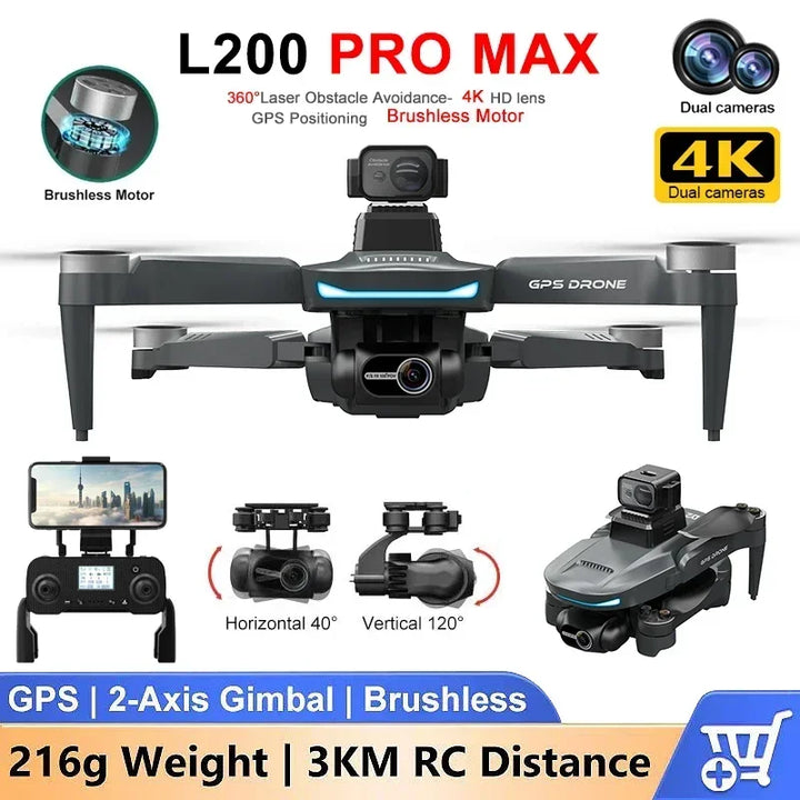 L200 PRO MAX Drone: 4K HD Camera, 2-Axis Gimbal, 360° Obstacle Avoidance, GPS, 5G Wi-Fi, Brushless Motor, 25-Min Flight Time, FPV Quadcopter