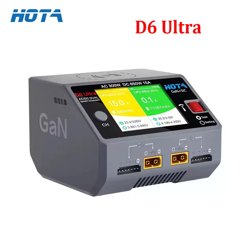 HOTA D6 Ultra Dual-Channel Battery Charger - AC/DC 650W GaN Tech 15A 1-6S LiPo LiHV for FPV Drone RC Batteries