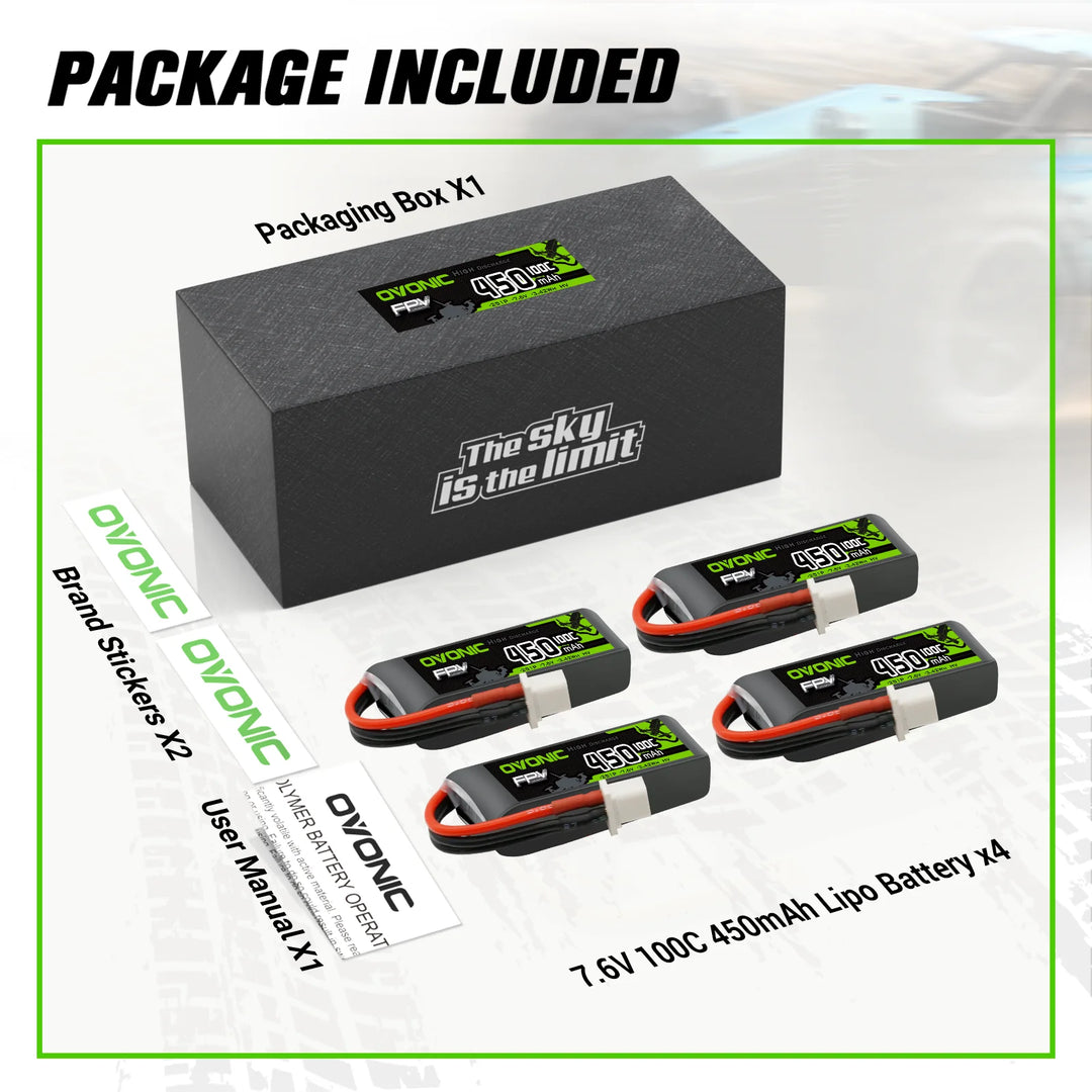 OVONIC 7.6V 100C 450mAh 2S Lipo Battery Long Size with XT30 Plug [1 Package Including 2 Batteries]