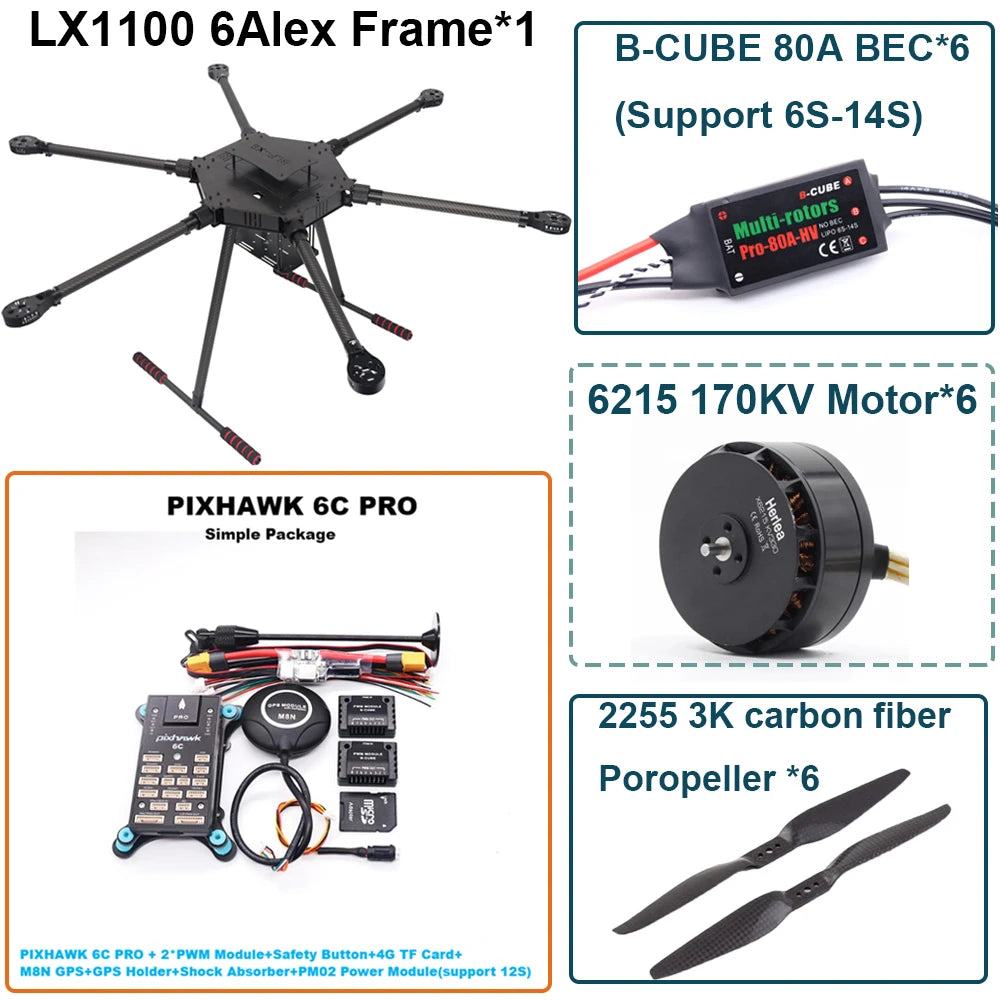 FPV LX1100 6C PRO M8N M9N M10 Full Carbon Fiber1100mm Hexa-Rotor Frame B-CUBE 80A ESC PX4 Pixhawk Flight Control Set 6215 Motor