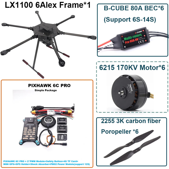 FPV LX1100 6C PRO M8N M9N M10 Full Carbon Fiber1100mm Hexa-Rotor Frame B-CUBE 80A ESC PX4 Pixhawk Flight Control Set 6215 Motor