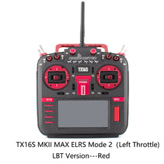 Red RadioMaster TX16S MKII MAX ELRS Mode 2 LBT transmitter, front view