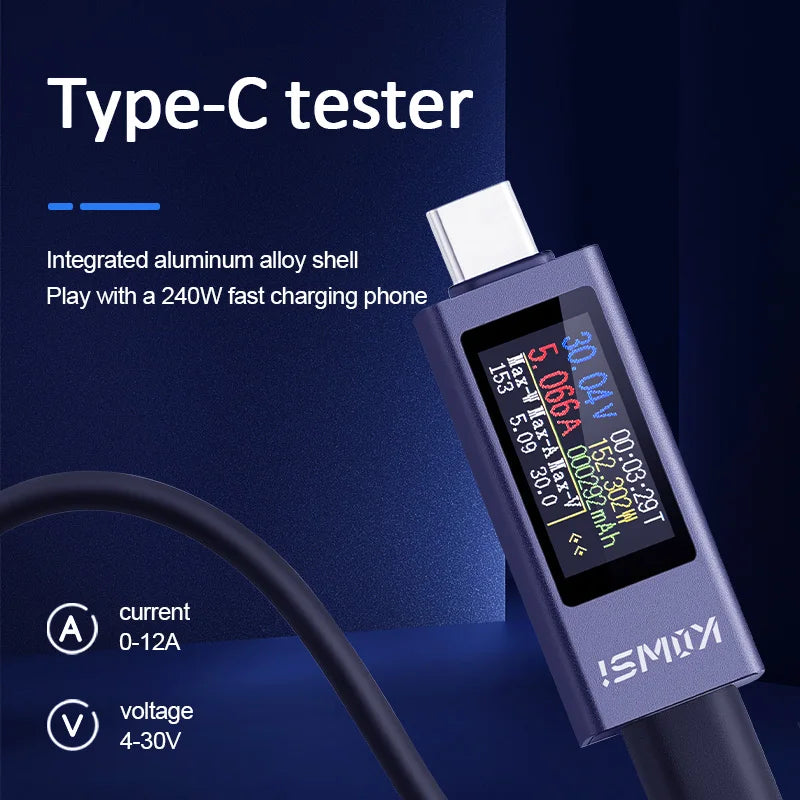 Type-C USB Power Meter DC 4-30V 12A - Digital Voltage Ammeter Tester