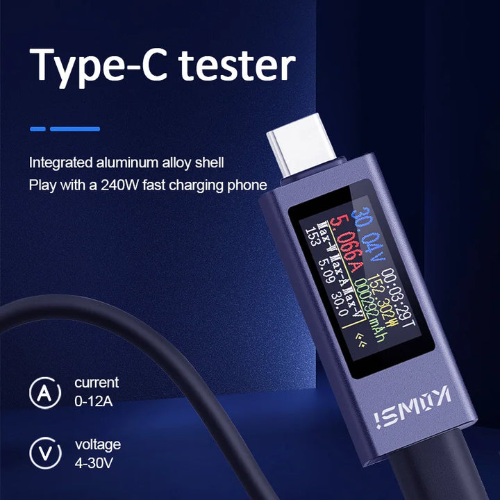 Type-C USB Power Meter DC 4-30V 12A - Digital Voltage Ammeter Tester