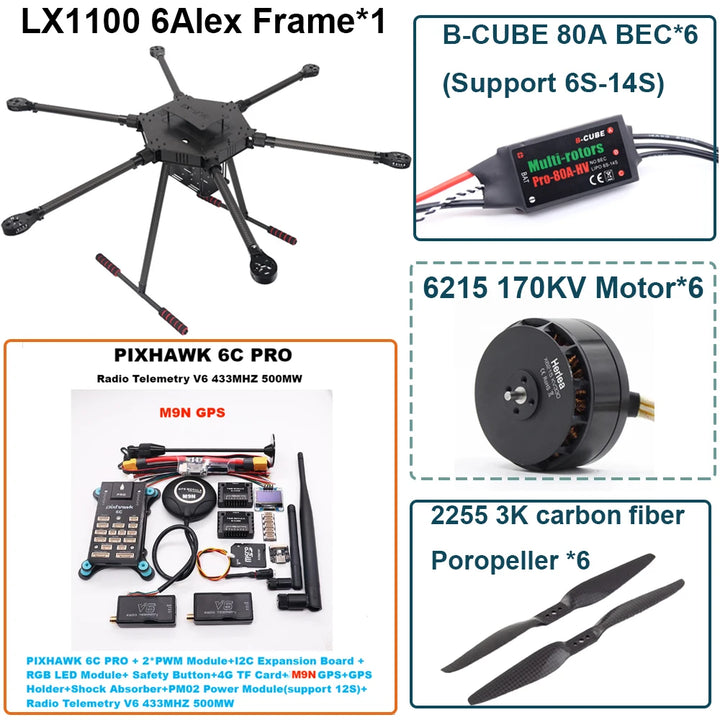 FPV LX1100 6C PRO M8N M9N M10 Full Carbon Fiber1100mm Hexa-Rotor Frame B-CUBE 80A ESC PX4 Pixhawk Flight Control Set 6215 Motor