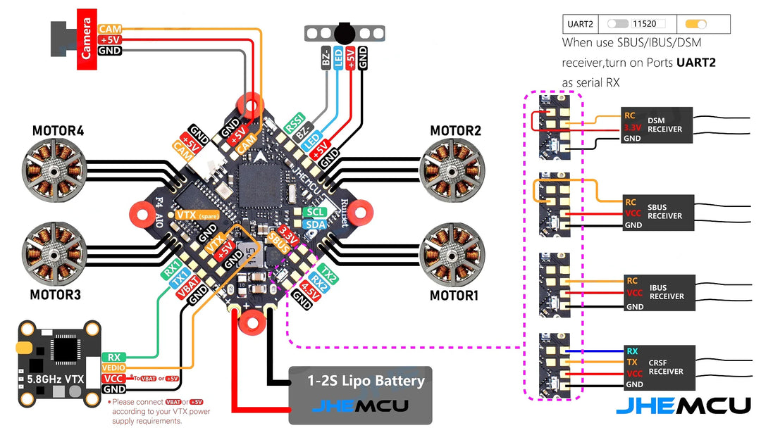 JHEMCU F4 AIO F411 Flight Controller BLHELIS 12A 4in1 ESC Drone Parts for RC FPV Freestyle Tinywhoop Cinewhoop Drone