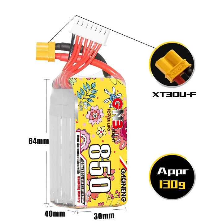 GNB GAONENG 850mAh 120C LiHV Battery — 2S 7.6V / 3S 11.4V / 4S 15.2V / 6S 22.8V, XT30 / XT60, FPV Drone