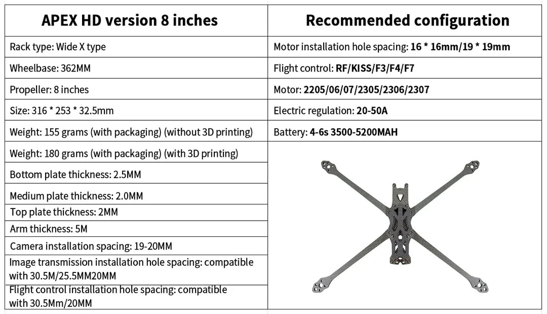 APEX 8 Inch Frame  Kits Wheelbase 362mm HD Version Carbon Fiber 5mm Arm Fall-resistant FreeStyle For RC FPV Racing Drone