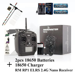 RadioMaster TX12 MKII package with two 18650 batteries, charger and RM RP1 ELRS receiver