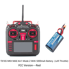 Red RadioMaster TX16S MKII MAX 4in1 Mode 2 FCC transmitter with 5000mAh battery, front view