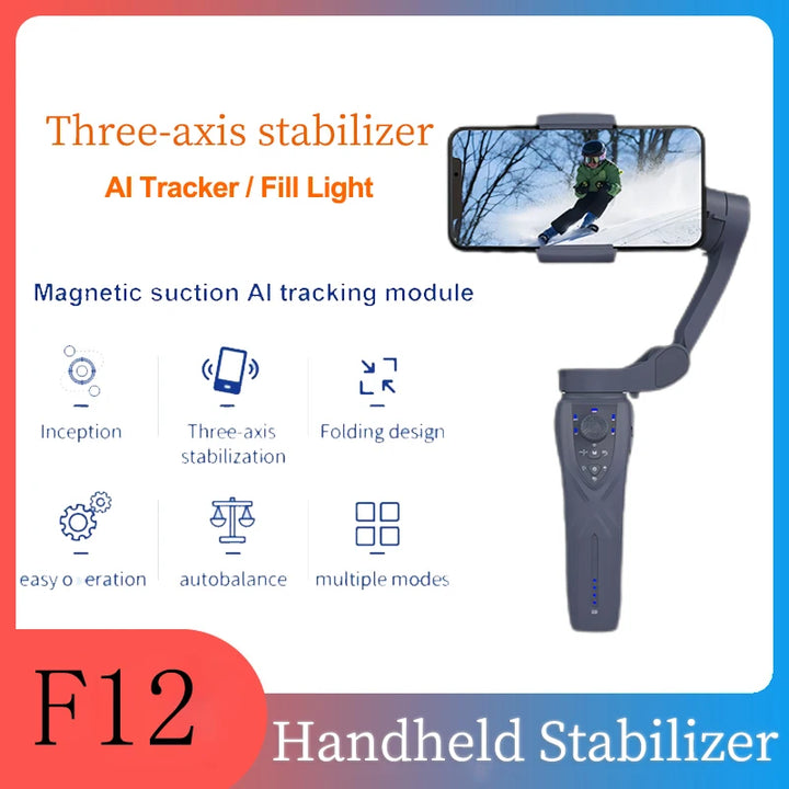 Desiontal 2024 New F12 Video Stabilizer Magnetic Fill Light AI Three-axis Anti-shake Mobile Handheld PTZ Broadcast Magic