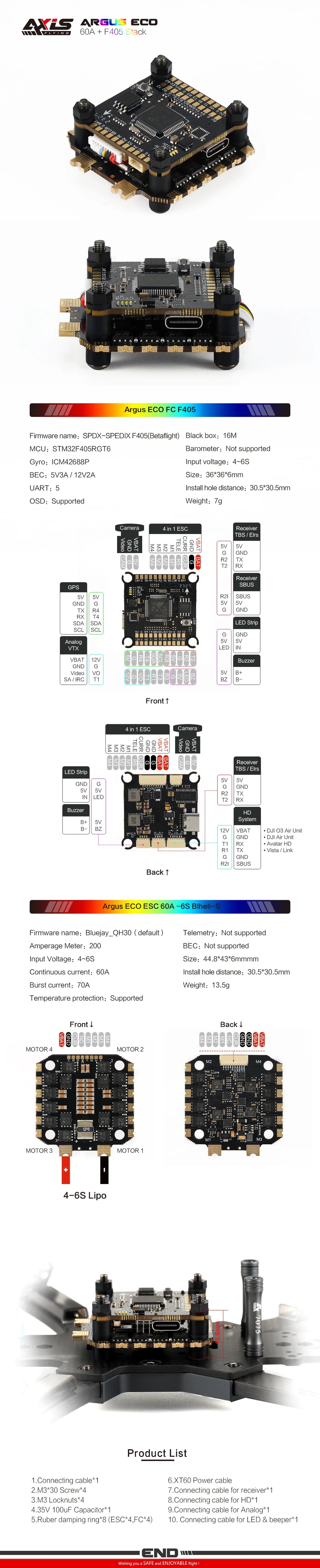 AxisFlying Argus ECO STACK 60A ESC +F405 Flight Controller 6S for FPV Freestyle Drones DIY Parts