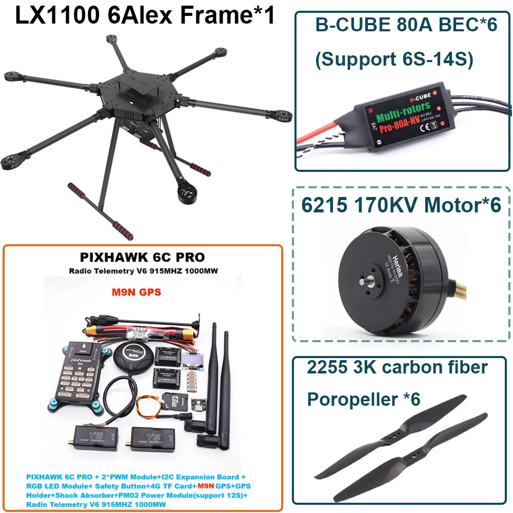 FPV LX1100 6C PRO M8N M9N M10 Full Carbon Fiber1100mm Hexa-Rotor Frame B-CUBE 80A ESC PX4 Pixhawk Flight Control Set 6215 Motor