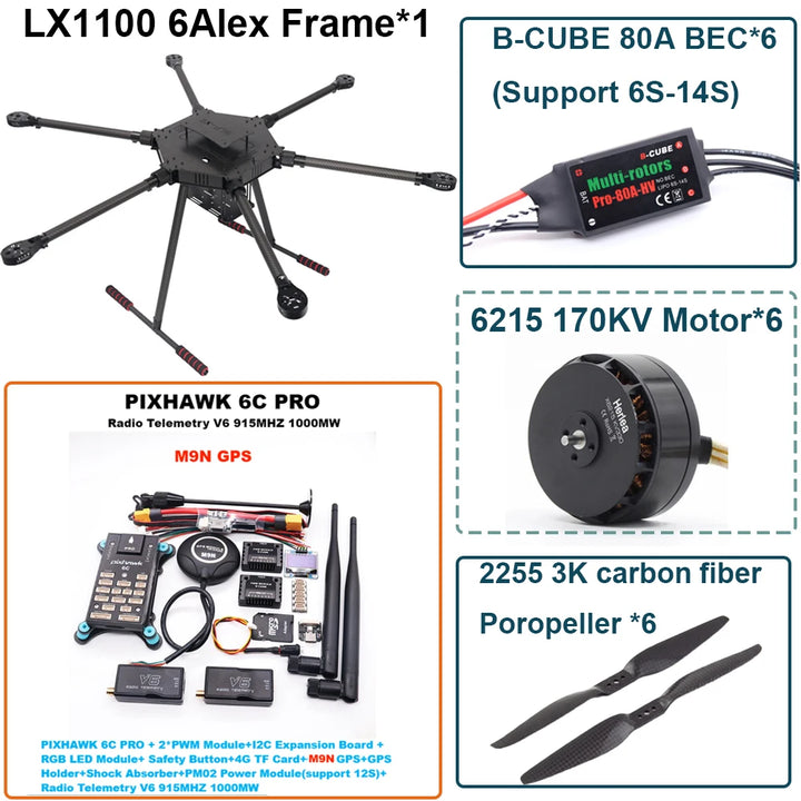 FPV LX1100 6C PRO M8N M9N M10 Full Carbon Fiber1100mm Hexa-Rotor Frame B-CUBE 80A ESC PX4 Pixhawk Flight Control Set 6215 Motor