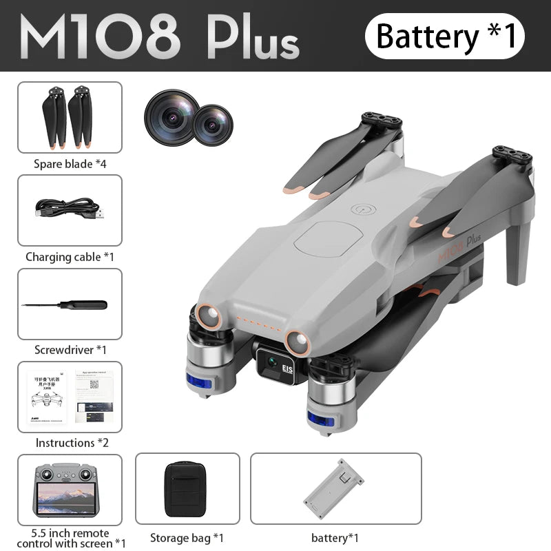 High Quality M108 PLUS GPS Drone 5KM 8K Professional HD Dual Camera 3-Axis Gimbal 360 Oas Touch Screen Brushless Drone