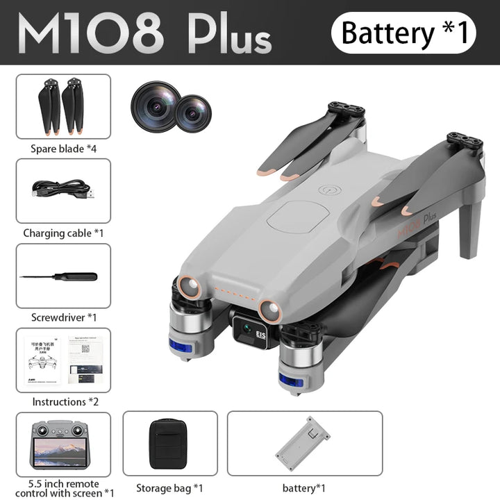 High Quality M108 PLUS GPS Drone 5KM 8K Professional HD Dual Camera 3-Axis Gimbal 360 Oas Touch Screen Brushless Drone