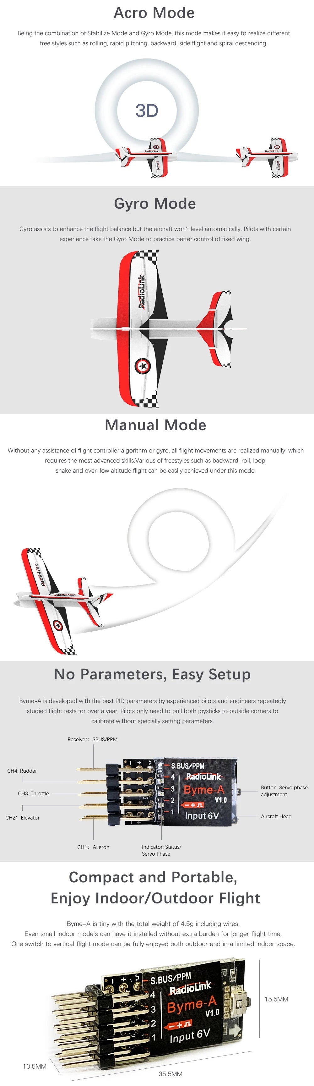 Radiolink Byme-A/Byme-D Fixed Wing Flight Controller Gyroscope Self-stabilization Balance For 3D Fixed Wing 4CH Trainer Su27 Toy