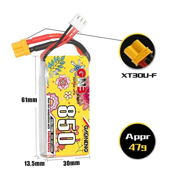 GNB GAONENG 850mAh 120C LiHV Battery — 2S 7.6V / 3S 11.4V / 4S 15.2V / 6S 22.8V, XT30 / XT60, FPV Drone