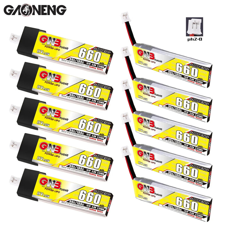 Gaoneng GNB 660mAh 1S HV LiPo Battery 90C PH2.0 — 5-Pack for Tiny Whoop FPV