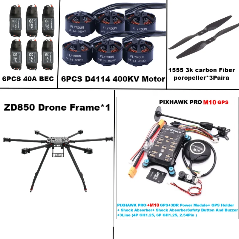 Rctosky ZD850 PRO M8N/M9N/M10 Full Carbon Fiber 850mm Hexa-Rotor Frame BLHELI 40A ESC PIXHAWK Flight Comtrol Rado Telemetry Set