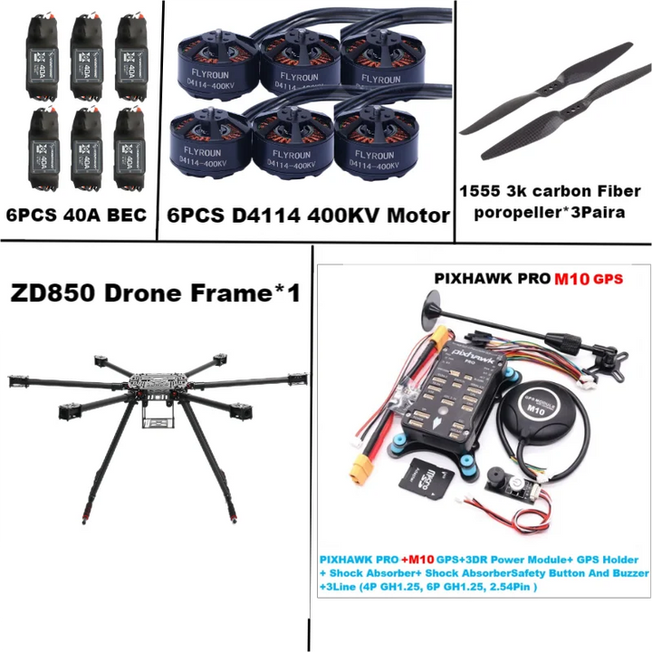Rctosky ZD850 PRO M8N/M9N/M10 Full Carbon Fiber 850mm Hexa-Rotor Frame BLHELI 40A ESC PIXHAWK Flight Comtrol Rado Telemetry Set