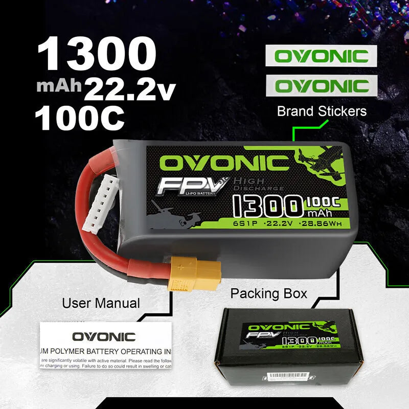 OVONIC 6S 1300mAh 100C LiPo Battery — 22.2V, XT60, FPV Racing Drone & RC Helicopter (1/3/5pc)