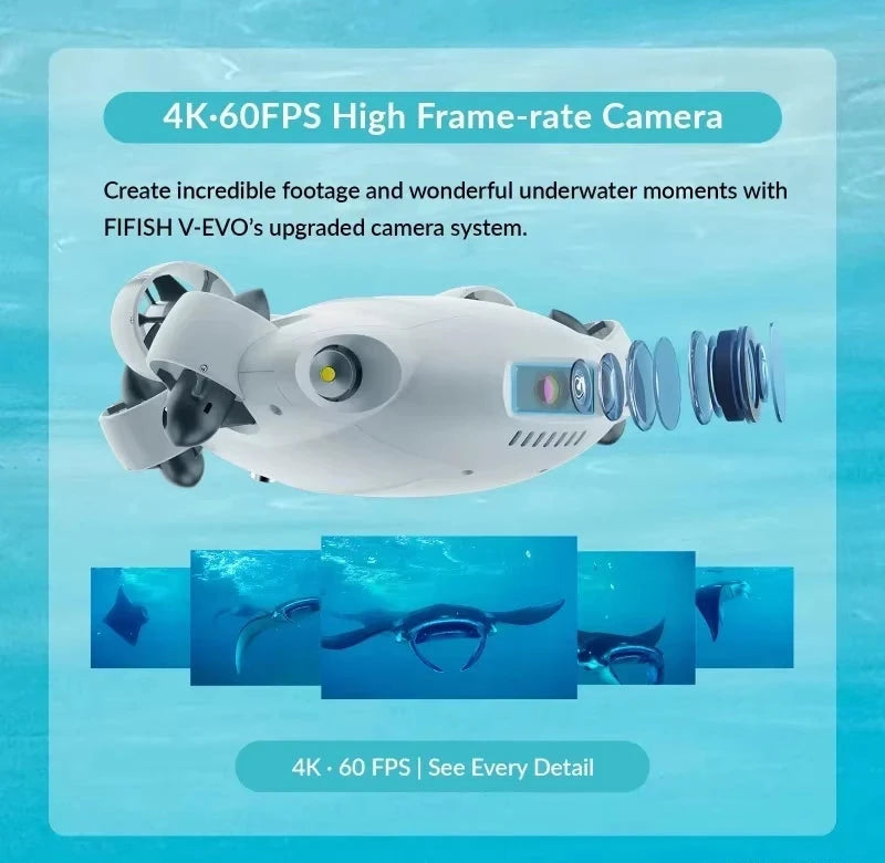 QYSEA FIFISH V-EVO Underwater ROV — 4K/60fps, 166° FOV, 360° Omnidirectional, AI Vision Lock, 5000 Lumen LEDs, 100m Cable