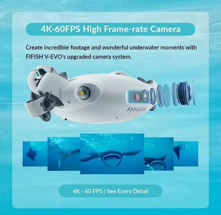 QYSEA FIFISH V-EVO Underwater ROV — 4K/60fps, 166° FOV, 360° Omnidirectional, AI Vision Lock, 5000 Lumen LEDs, 100m Cable
