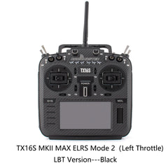 Black RadioMaster TX16S MKII MAX ELRS Mode 2 LBT transmitter, front view