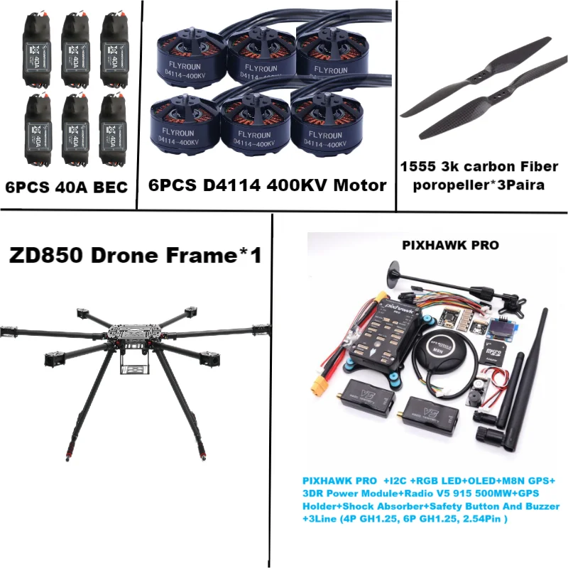 Rctosky ZD850 PRO M8N/M9N/M10 Full Carbon Fiber 850mm Hexa-Rotor Frame BLHELI 40A ESC PIXHAWK Flight Comtrol Rado Telemetry Set