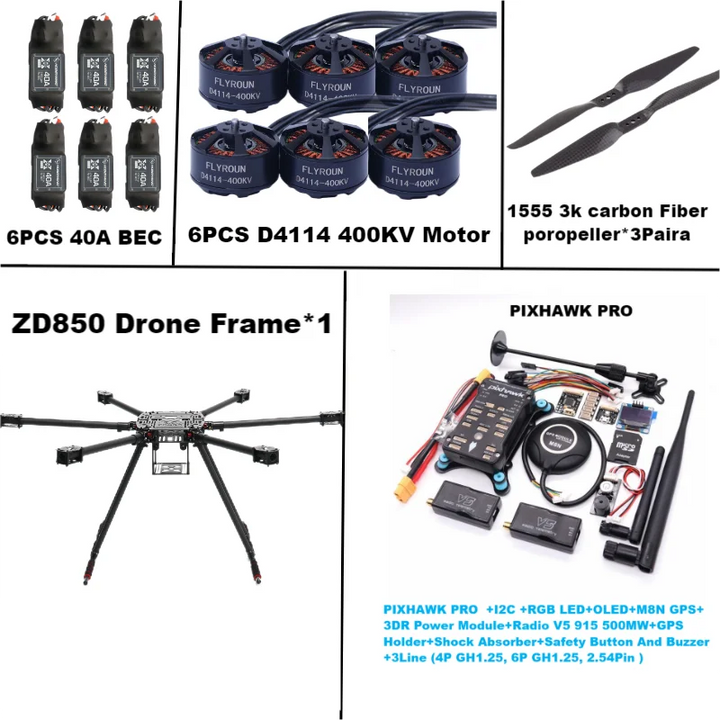 Rctosky ZD850 PRO M8N/M9N/M10 Full Carbon Fiber 850mm Hexa-Rotor Frame BLHELI 40A ESC PIXHAWK Flight Comtrol Rado Telemetry Set