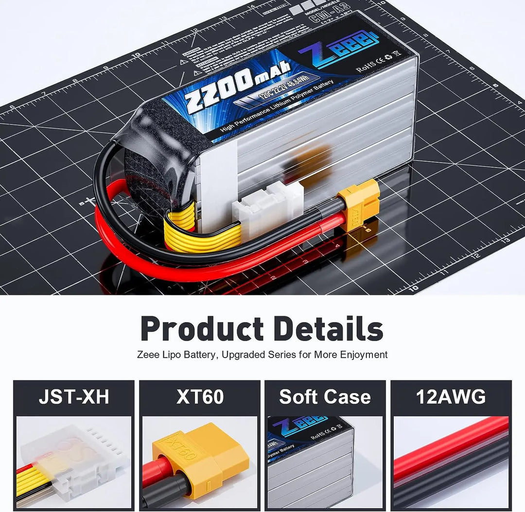 Zeee 6S 2200mAh Lipo Battery 22.2V 120C Softcase with XT60 Plug for RC Car Truck Tank RC Airplane FPV Drone Racing Hobby Battery
