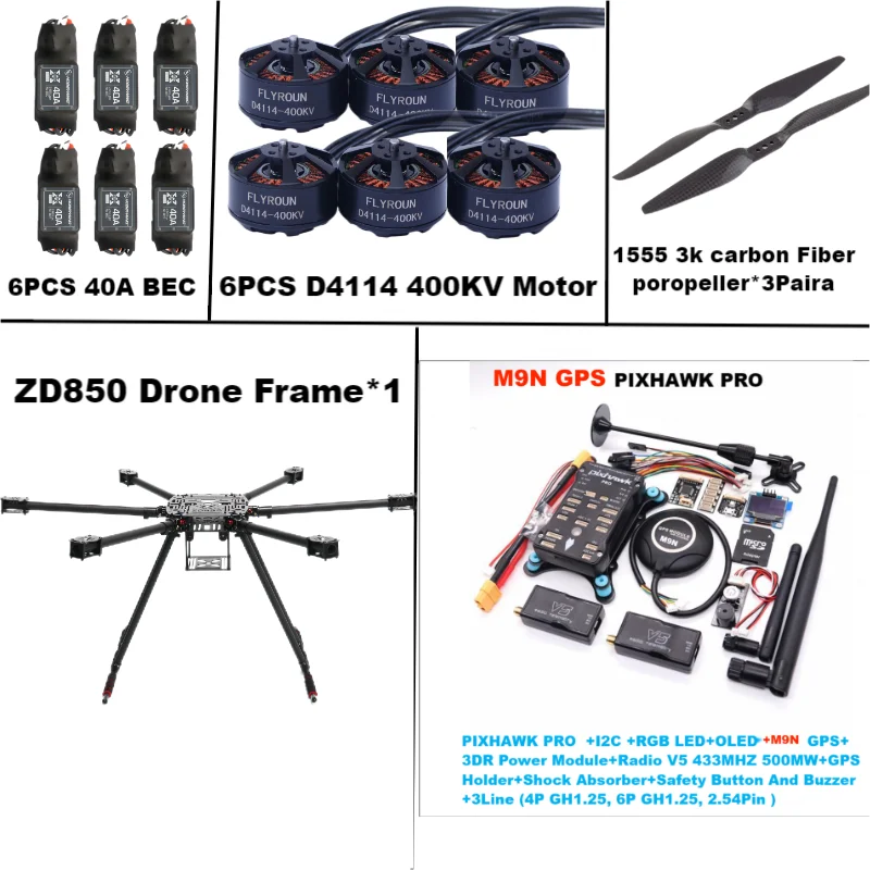 Rctosky ZD850 PRO M8N/M9N/M10 Full Carbon Fiber 850mm Hexa-Rotor Frame BLHELI 40A ESC PIXHAWK Flight Comtrol Rado Telemetry Set