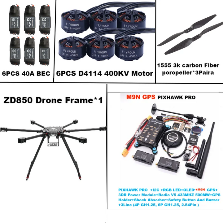 Rctosky ZD850 PRO M8N/M9N/M10 Full Carbon Fiber 850mm Hexa-Rotor Frame BLHELI 40A ESC PIXHAWK Flight Comtrol Rado Telemetry Set