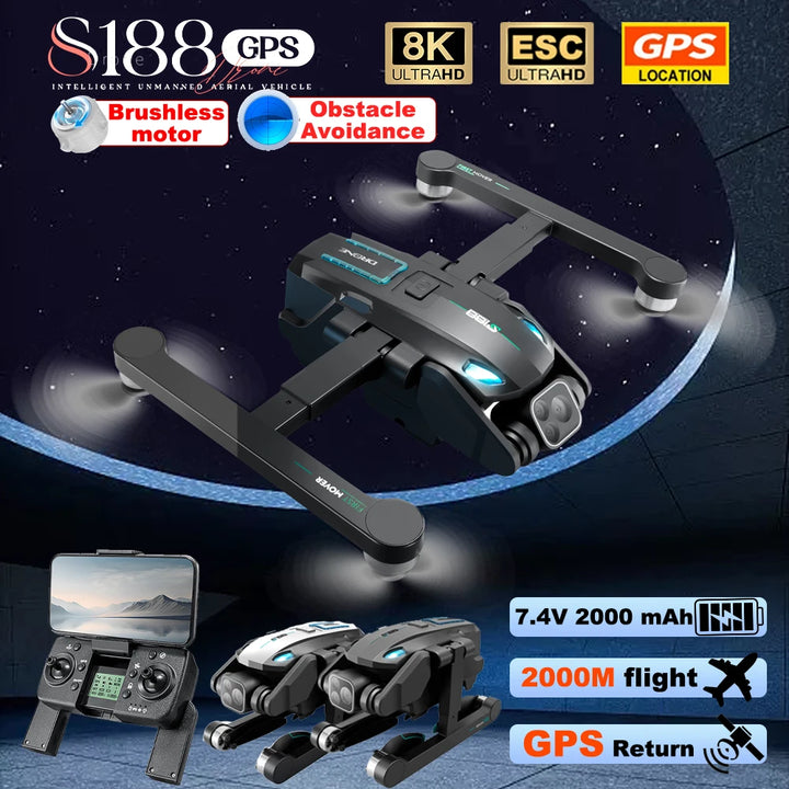 2024 S188 Mini Drone 8k Profesional Camera GPS Obstacle Avoidance Brushless Motor Aerial Photography Foldable Quadcopter Drones