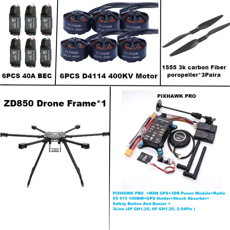 Rctosky ZD850 PRO M8N/M9N/M10 Full Carbon Fiber 850mm Hexa-Rotor Frame BLHELI 40A ESC PIXHAWK Flight Comtrol Rado Telemetry Set