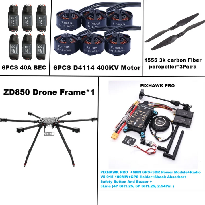 Rctosky ZD850 PRO M8N/M9N/M10 Full Carbon Fiber 850mm Hexa-Rotor Frame BLHELI 40A ESC PIXHAWK Flight Comtrol Rado Telemetry Set