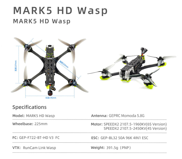 GEPRC MARK5 Analog Freestyle FPV Drone 4S/6S 5Inch SPEEDX2 2107.5 GEP-F722-BT-HD V3 RC FPV Quadcopter LongRange Freestyle Drone