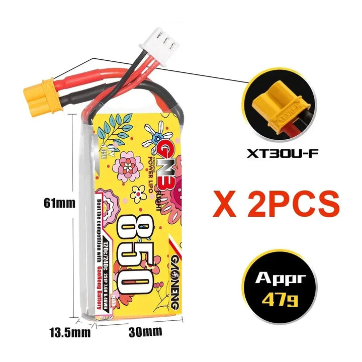 GNB GAONENG 850mAh 120C LiHV Battery — 2S 7.6V / 3S 11.4V / 4S 15.2V / 6S 22.8V, XT30 / XT60, FPV Drone