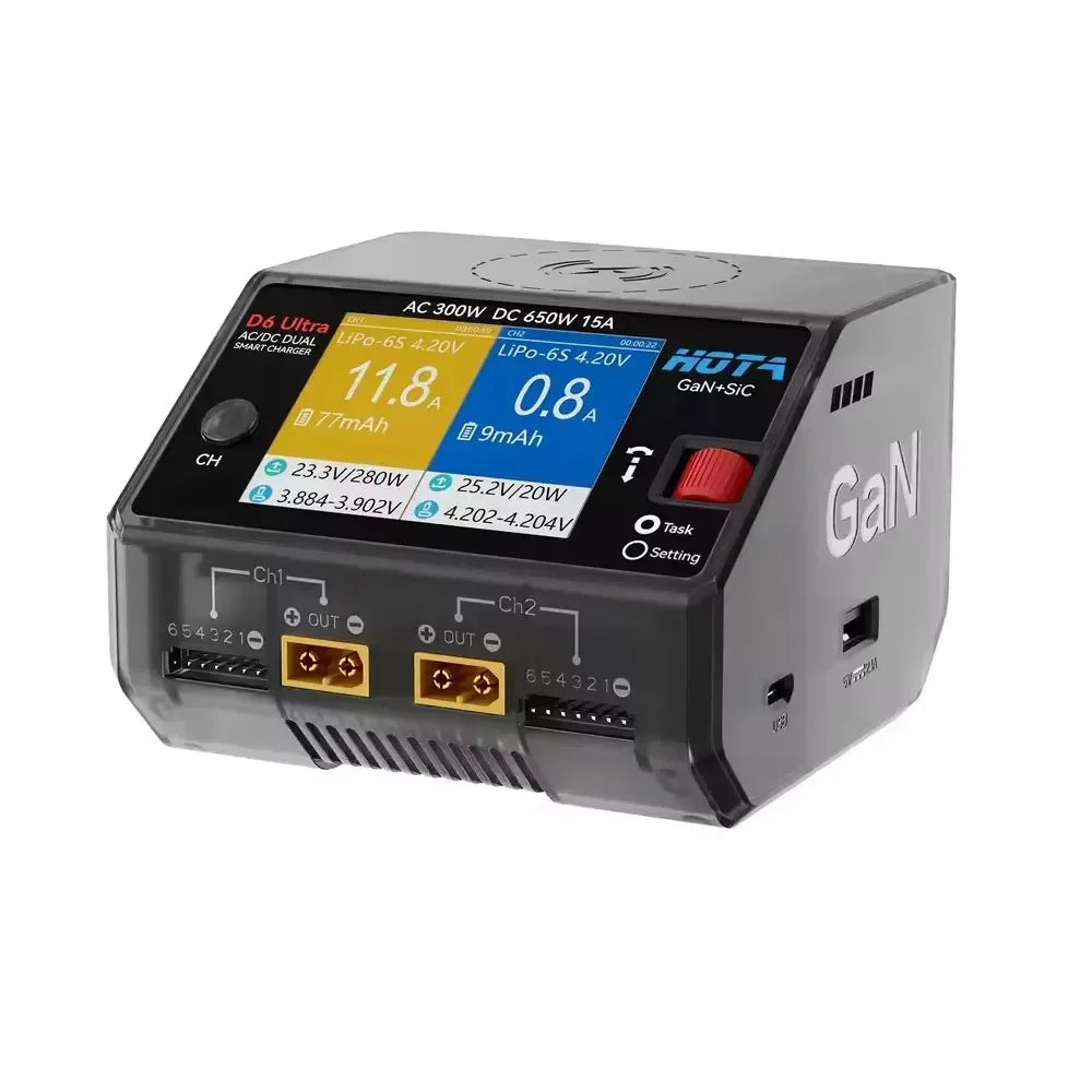 HOTA D6 Ultra Dual-Channel Battery Charger - AC/DC 650W GaN Tech 15A 1-6S LiPo LiHV for FPV Drone RC Batteries