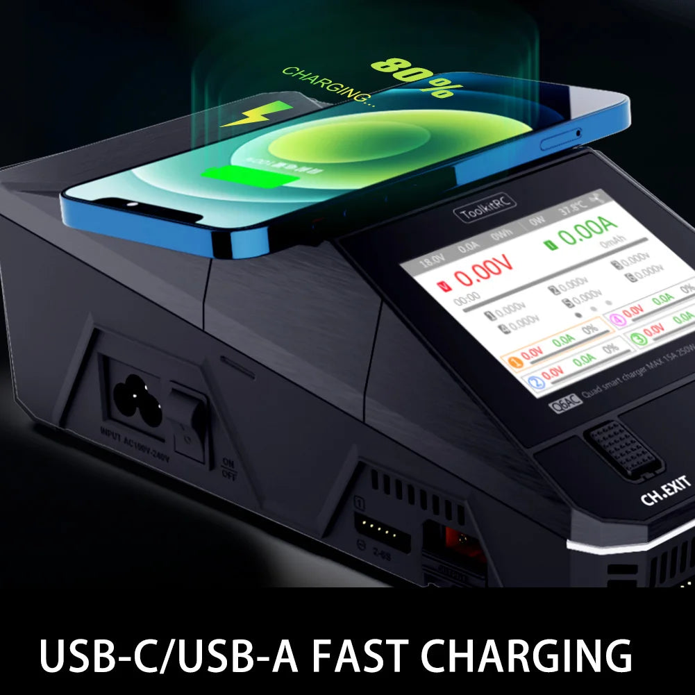 ToolkitRC Q6AC 4-Channel LiPo Charger — AC 400W / DC 1000W, 65W USB-C, 15W Wireless